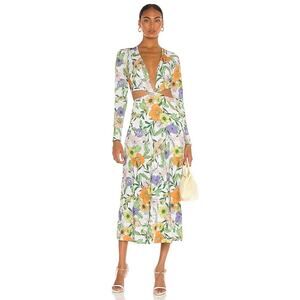 AFRM White Vintage Floral Assi Long Sleeve Cutout V Neck Open Back Maxi Dress XS